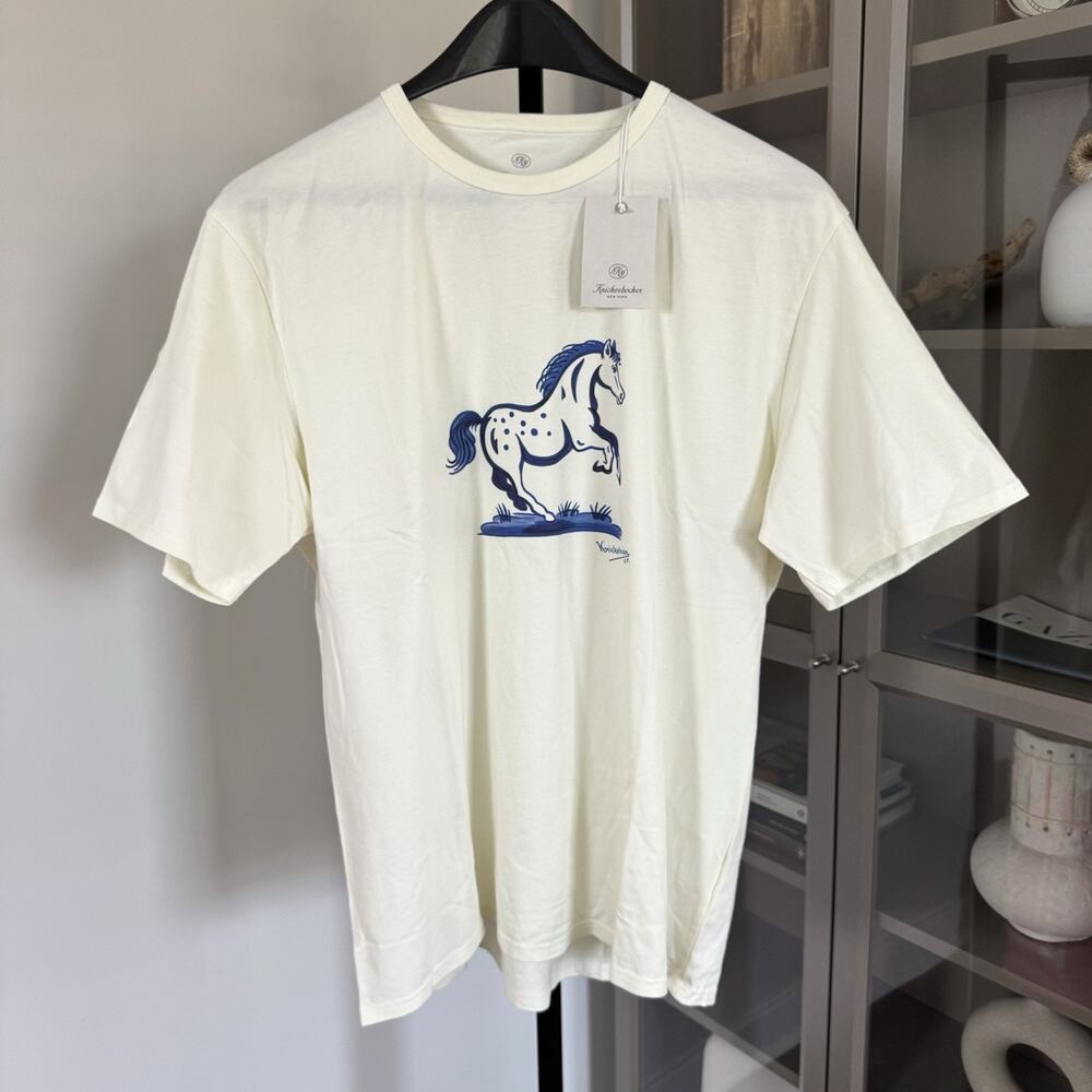 Knickerbocker NYC Motif Blue Horse Short Sleeve Cotton Ivory T-Shirt XXL 2XL NEW